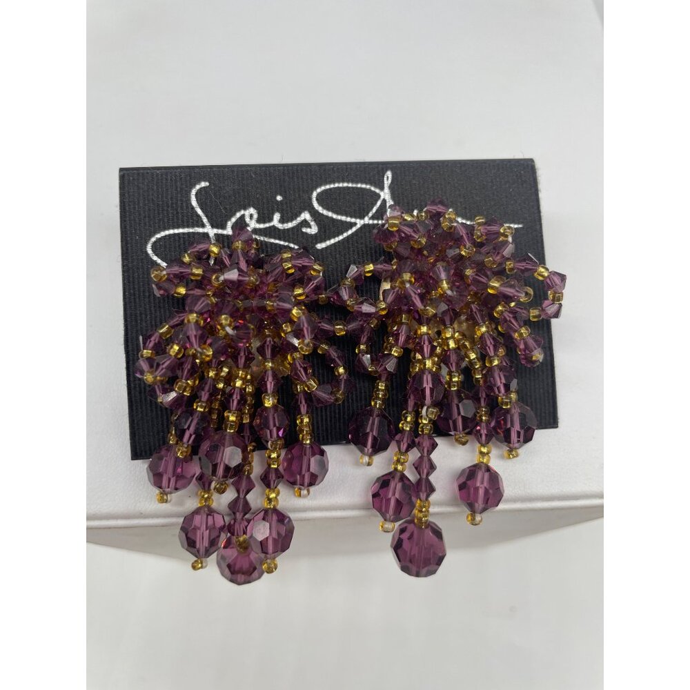 Vintage Lois Ann Purple Beaded Gold-Tone Clip-On Earrings With Cascading Design